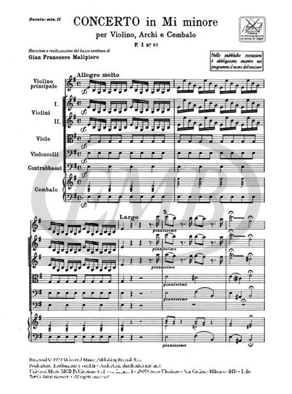 Vivaldi, Antonio: CONC. PER VL., ARCHI E B.C.: IN MI MIN. RV 278 - F.I/37 / Ricordi