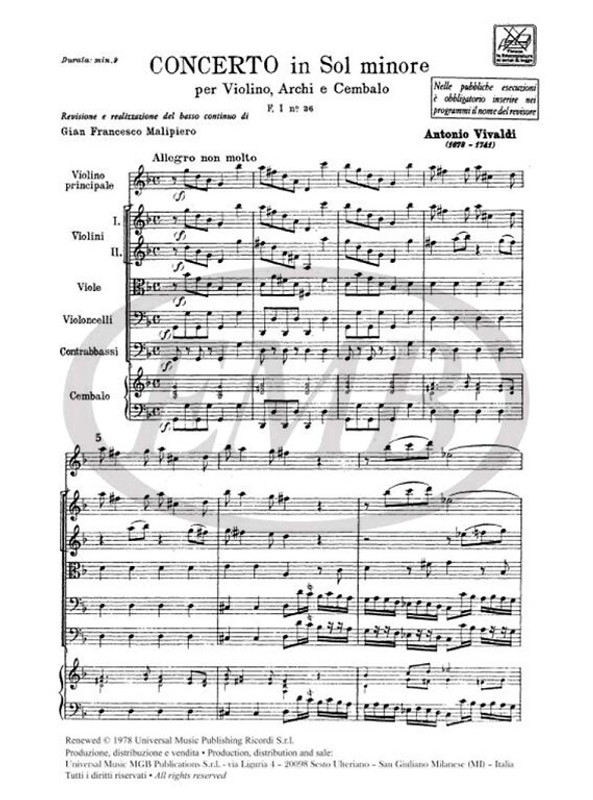 Vivaldi, Antonio: CONC. PER VL., ARCHI E B.C.: IN SOL MIN. RV 330 - F.I/36 / Ricordi / 1984