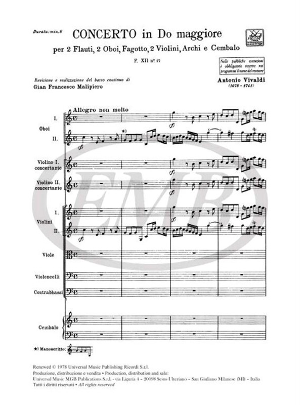 Vivaldi, Antonio: CONC. PER STRUM. DIVERSI, ARCHI E B.C.: IN DO PER 2 FL., 2 / OB., FG. E 2 VL. RV 557 - F.XII/17 / Ricordi / 1971