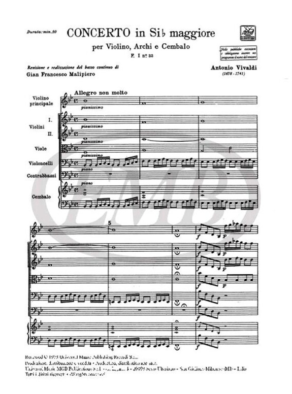 Vivaldi, Antonio: CONC. PER VL., ARCHI E B.C.: IN SI BEM. RV 375 - F.I/32 / Ricordi / 1984