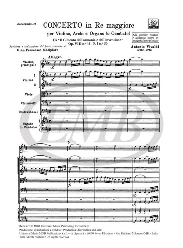 Vivaldi, Antonio: CONC. PER VL., ARCHI E B.C.: IN RE OP.VIII N.11 - RV 210 - F.I/30 / Ricordi / 1970