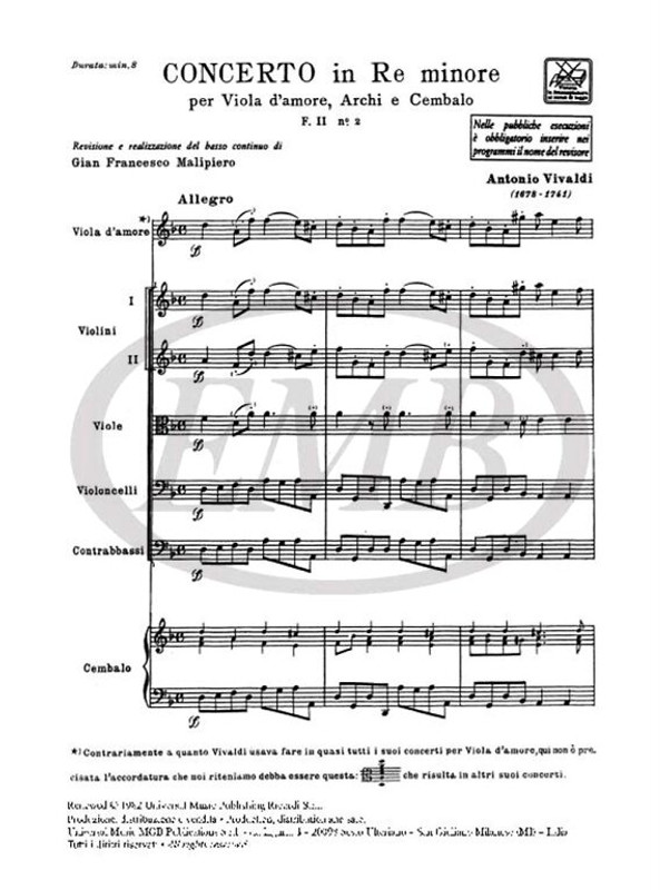 Vivaldi, Antonio: CONC. PER VLA D'AMORE, ARCHI E B.C.: IN RE MIN. RV 394 - F .II/2 / Ricordi / 1984