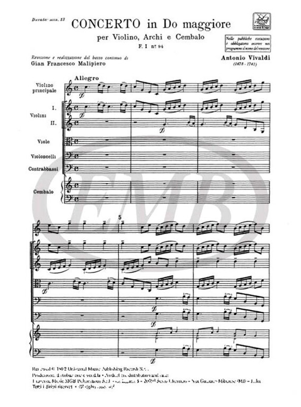 Vivaldi, Antonio: CONC. PER VL., ARCHI E B.C.: IN DO RV 182 - F.I/94 / Ricordi / 1984