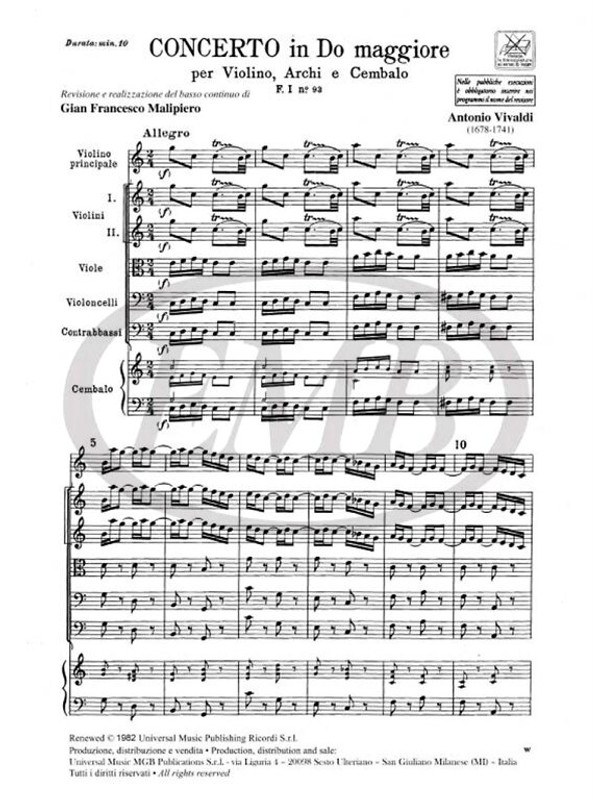 Vivaldi, Antonio: CONC. PER VL., ARCHI E B.C.: IN DO RV 171 - F.I/93 / Ricordi / 1984