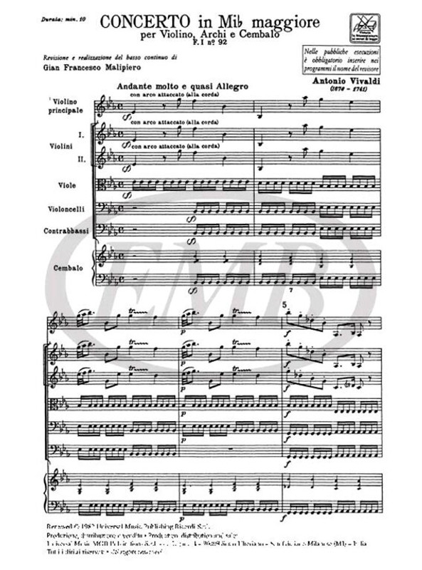 Vivaldi, Antonio: CONC. PER VL., ARCHI E B.C.: IN MI BEM. RV 257 - F.I/92 / Ricordi / 1984