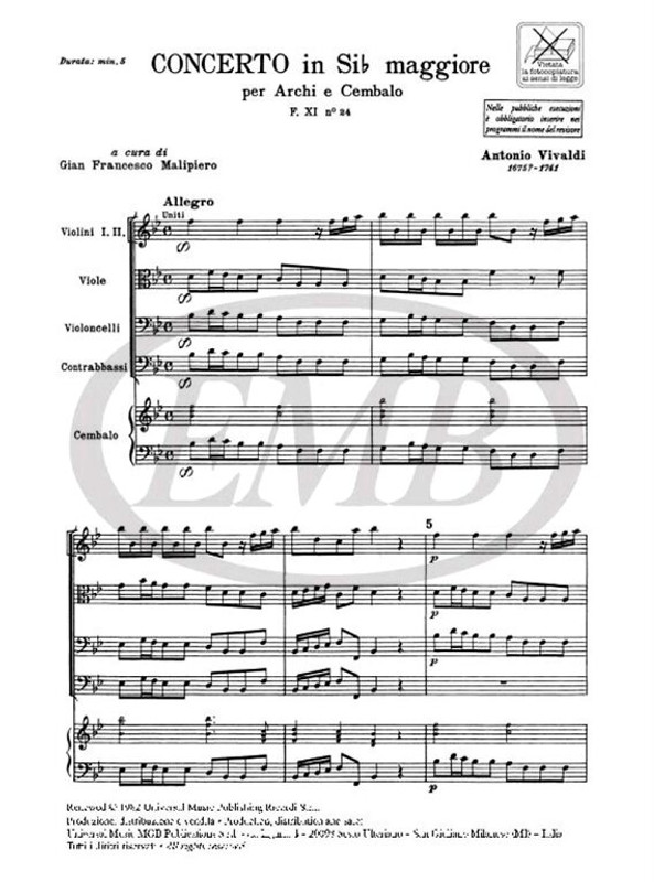 Vivaldi, Antonio: CONC. PER ARCHI E B.C.: IN SI BEM. RV 167 - F.XI/24 / Ricordi / 1984