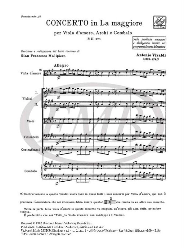 Vivaldi, Antonio: CONC. PER VLA D'AMORE, ARCHI E B.C.: IN LA RV 396 - F.II/1 / Ricordi / 1984