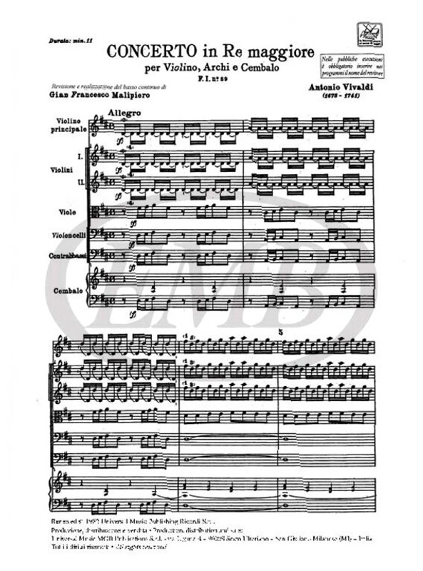 Vivaldi, Antonio: CONC. PER VL., ARCHI E B.C.: IN RE OP.XI N.11 - RV 207 - F .I/89 / Ricordi / 1984