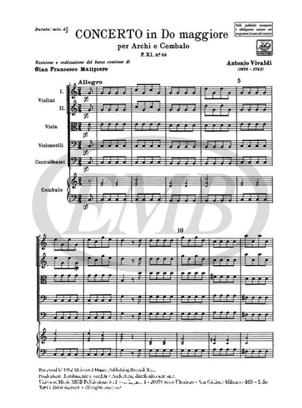 Vivaldi, Antonio: CONC. PER ARCHI E B.C.: IN DO RV 109 - F.XI/23 / Ricordi / 1984