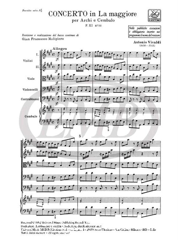 Vivaldi, Antonio: CONC. PER ARCHI E B.C.: IN LA RV 160 - F.XI 22 / Ricordi / 1984