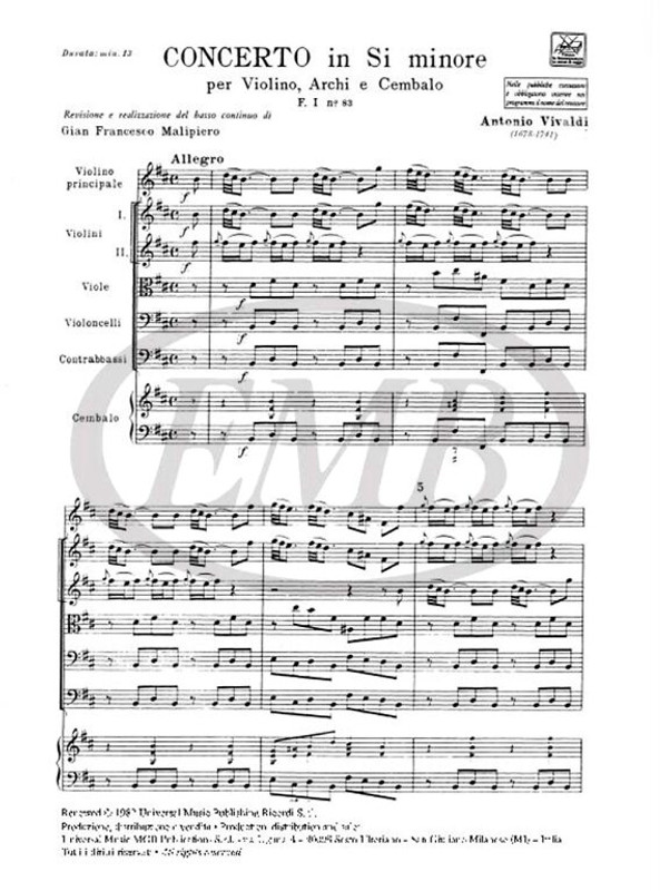 Vivaldi, Antonio: CONC. PER VL., ARCHI E B.C.: IN SI MIN. RV 387 - F.I/83 / Ricordi / 1984