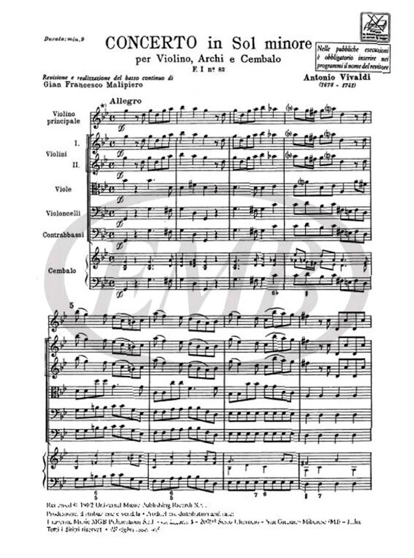 Vivaldi, Antonio: CONC. PER VL., ARCHI E B.C.: IN SOL MIN. RV 328 - F.I/82 / Ricordi / 1984