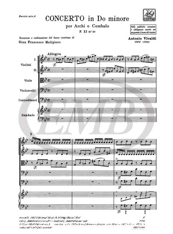 Vivaldi, Antonio: CONC. PER ARCHI E B.C.: IN DO MIN. RV 119 - F.XI/20 / Ricordi / 1984