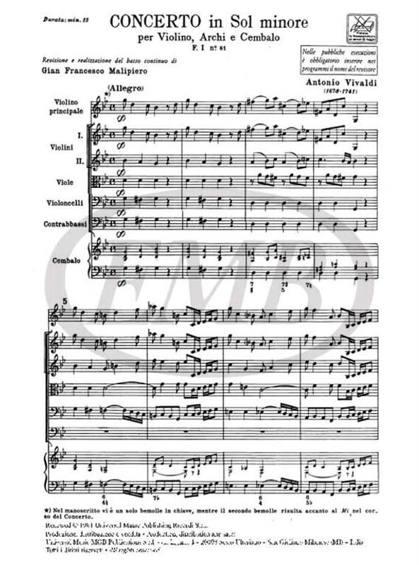 Vivaldi, Antonio: CONC. PER VL., ARCHI E B.C.: IN SOL MIN. RV 333 - F.I/81 / Ricordi / 1984