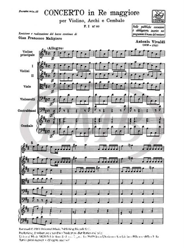 Vivaldi, Antonio: CONC. PER VL., ARCHI E B.C.: IN RE RV 225 - F.I/80 / Ricordi / 1984