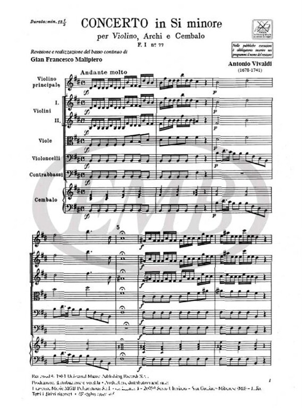 Vivaldi, Antonio: CONC. PER VL., ARCHI E B.C.: IN SI MIN. RV 390 - F.I/77 / Ricordi / 1984