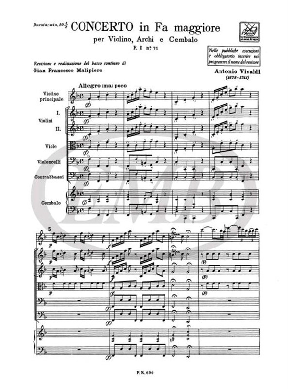 Vivaldi, Antonio: CONC. PER VL., ARCHI E B.C.: IN FA RV 289 - F.I/71 / Ricordi / 1984