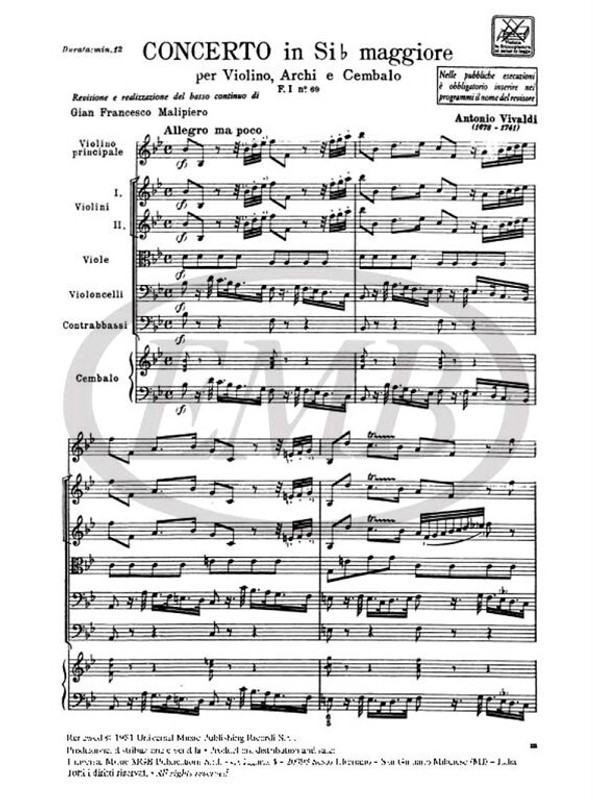Vivaldi, Antonio: CONC. PER VL., ARCHI E B.C.: IN SI BEM. RV 365 - F.I/69 / Ricordi / 1984