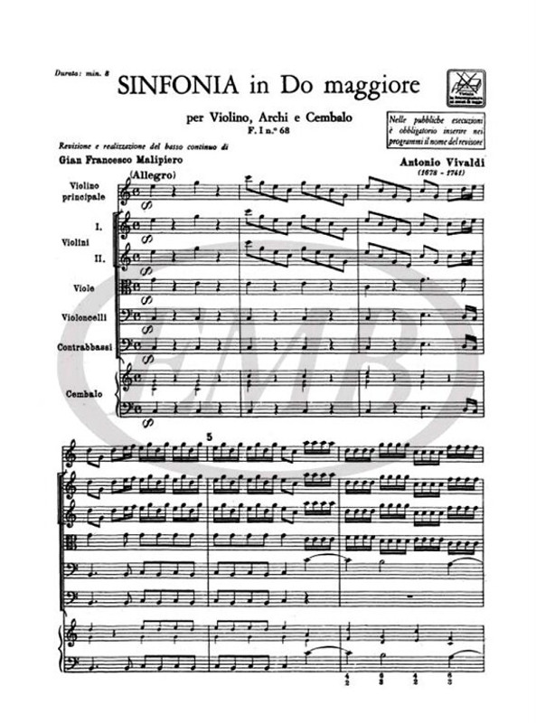 Vivaldi, Antonio: CONC. PER VL., ARCHI E B.C.: IN DO RV 192 - F.I/68 'SINFONIA' / Ricordi / 1984