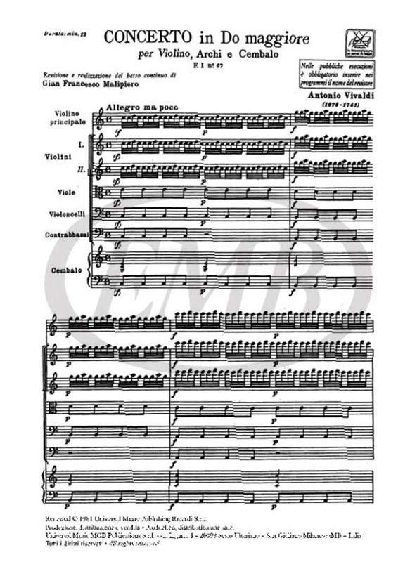 Vivaldi, Antonio: CONC. PER VL., ARCHI E B.C.: IN DO RV 177 - F.I/67 / Ricordi / 1984