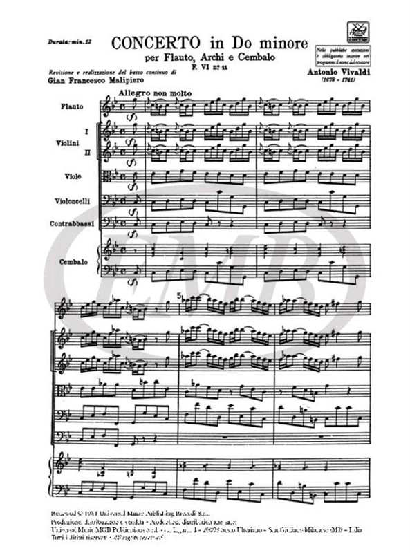 Vivaldi, Antonio: CONC. PER FL., ARCHI E B.C.: IN DO MIN. RV 441 - F.VI/11 / Ricordi