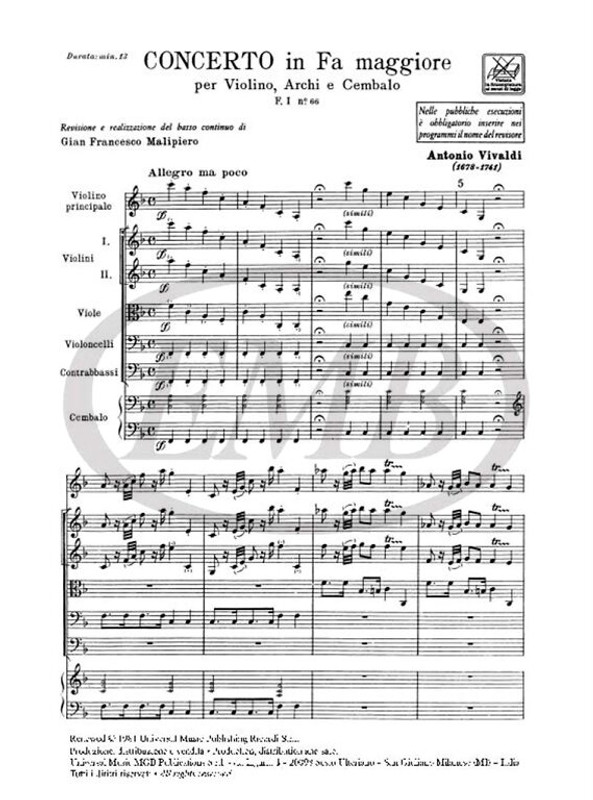 Vivaldi, Antonio: CONC. PER VL., ARCHI E B.C.: IN FA RV 296 - F.I/66 / Ricordi / 1984
