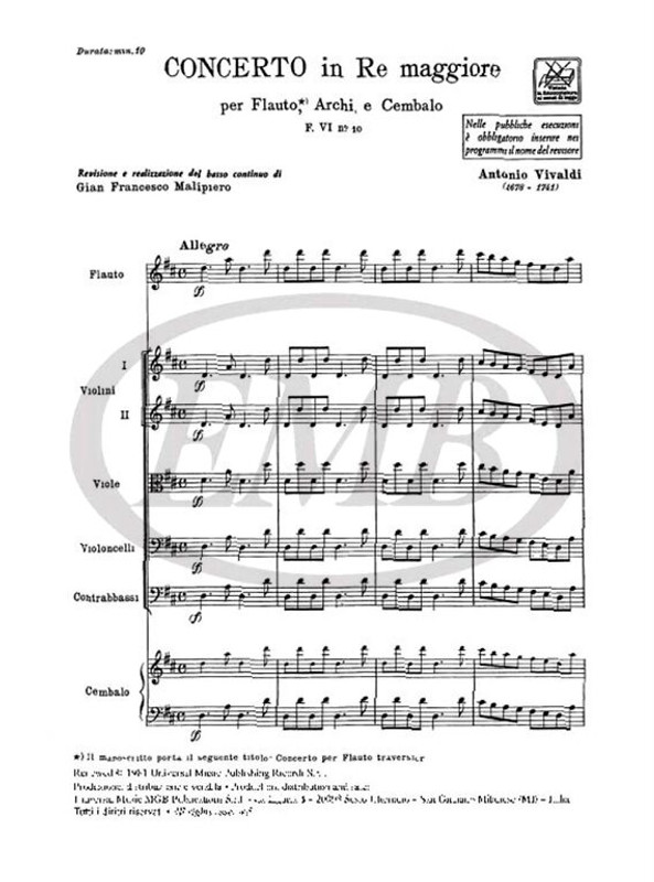 Vivaldi, Antonio: CONC. PER FL., ARCHI E B.C.: IN RE RV 429 - F.VI/10 / Ricordi / 1972