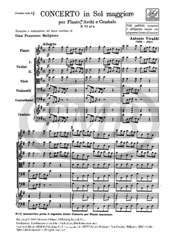 Vivaldi, Antonio: CONC. PER FL., ARCHI E B.C.: IN SOL RV 436 - F.VI/8 / Ricordi