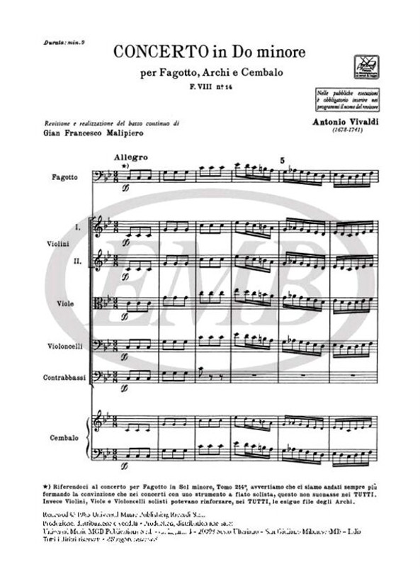 Vivaldi, Antonio: CONC. PER FG., ARCHI E B.C.: IN DO MIN. RV 480 - F.VIII/14 / Ricordi / 1973