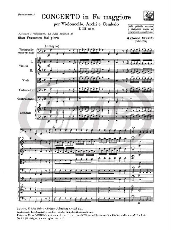 Vivaldi, Antonio: CONC. PER VC., ARCHI E B.C.: IN FA RV 412 - F.III/11 / Ricordi / 1984