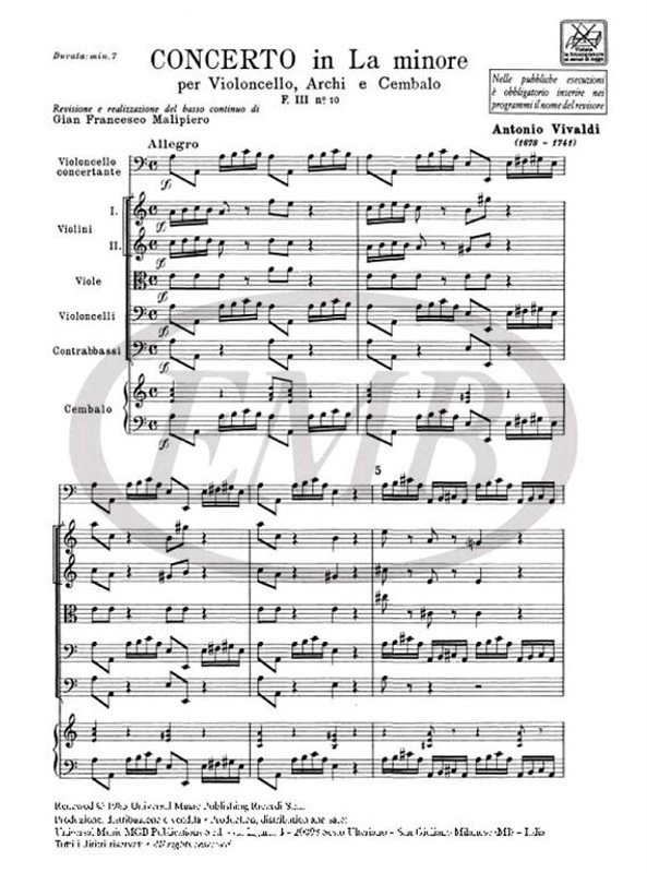 Vivaldi, Antonio: CONC. PER VC., ARCHI E B.C.: IN LA MIN. RV 419 - F.III/10 / Ricordi / 1973