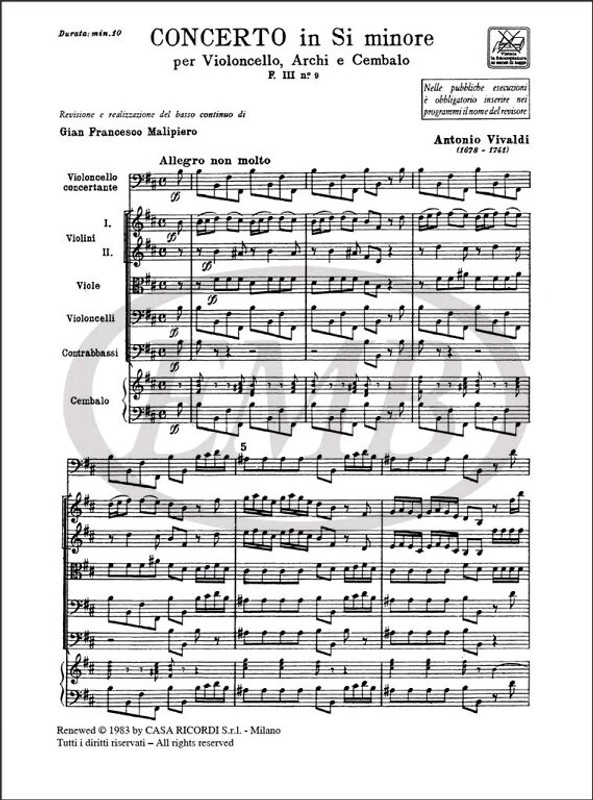 Vivaldi, Antonio: CONC. PER VC., ARCHI E B.C.: IN SI MIN. RV 424 - F.III/9 / Ricordi