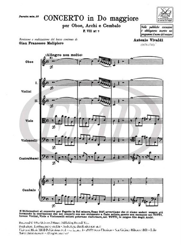Vivaldi, Antonio: CONC. PER OBOE, ARCHI E B.C.: IN DO RV 448 - F.VII/7 / Ricordi / 1973