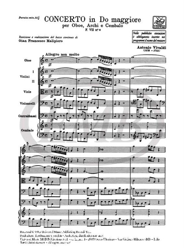 Vivaldi, Antonio: CONC. PER OBOE, ARCHI E B.C.: IN DO RV 447 - F.VII/6 / Ricordi