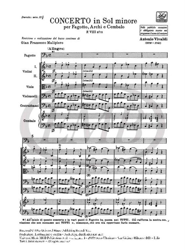 Vivaldi, Antonio: CONC. PER FG., ARCHI E B.C.: IN SOL MIN. RV 496 - F.VIII/1 / Ricordi / 1984