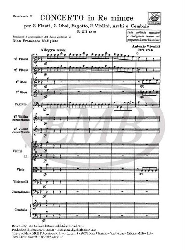 Vivaldi, Antonio: CONC. PER STRUM. DIVERSI, ARCHI E B.C.: IN RE MIN. PER 2 F / L., 2 OB., FG. E 2 VL. RV 566 - F.XII/31 / Ricordi / 1984