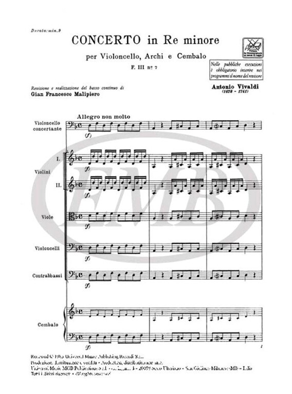Vivaldi, Antonio: CONC. PER VC., ARCHI E B.C.: IN RE MIN. RV 406 - F.III/7 / Ricordi / 1973