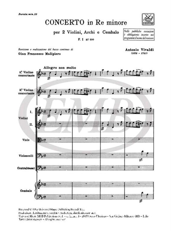 Vivaldi, Antonio: CONC. PER VL., ARCHI E B.C.: PER 2 VL. IN RE MIN. RV 514 - F.I/100 / Ricordi