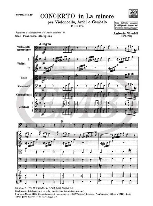 Vivaldi, Antonio: CONC. PER VC., ARCHI E B.C.: IN LA MIN. RV 422 - F.III/4 / Ricordi / 1973
