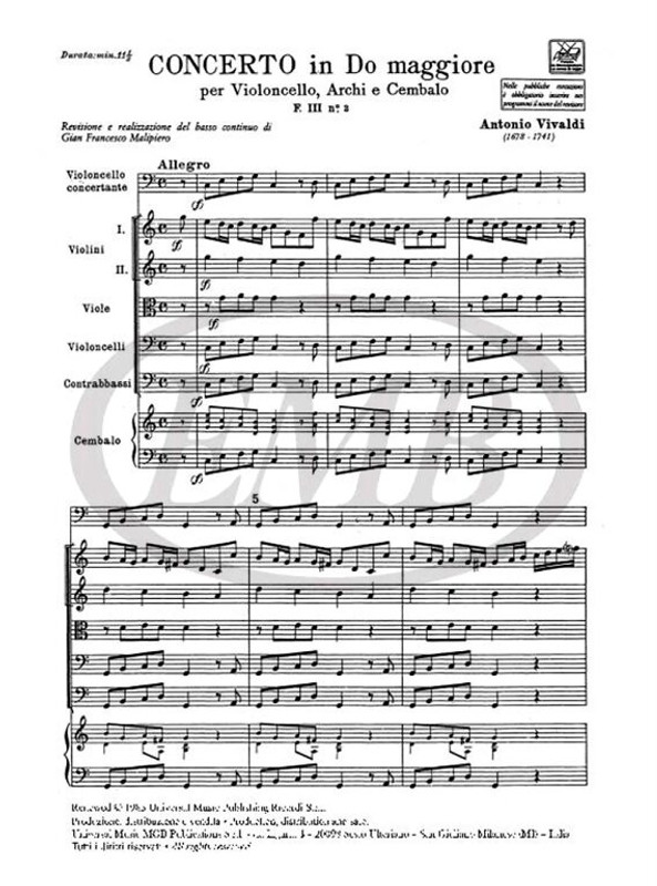 Vivaldi, Antonio: CONC. PER VC., ARCHI E B.C.: IN DO RV 400 - F.III/3 / Ricordi