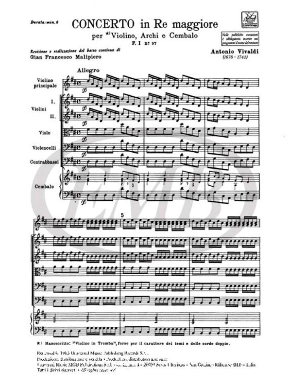 Vivaldi, Antonio: CONC. PER VL., ARCHI E B.C.: IN RE RV 221 - F.I/97 / Ricordi / 1984