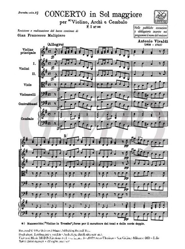 Vivaldi, Antonio: CONC. PER VL., ARCHI E B.C.: IN SOL RV 311 - F.I/96 / Ricordi / 1984