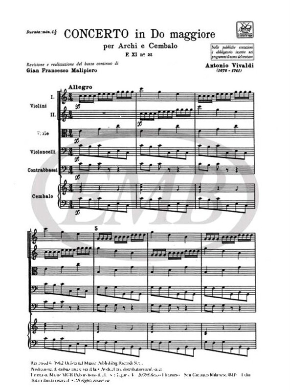 Vivaldi, Antonio: CONC. PER ARCHI E B.C.: IN DO RV 110 - F.XI/25 / Ricordi / 1984