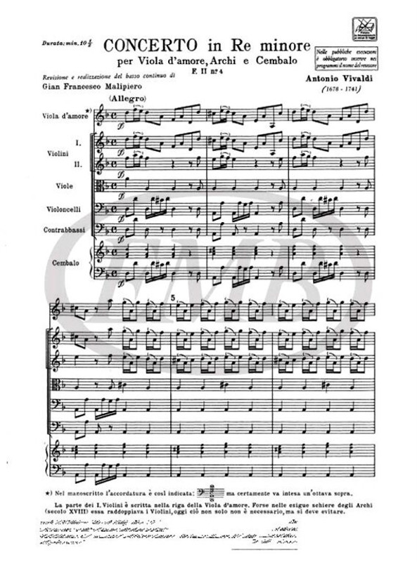 Vivaldi, Antonio: CONC. PER VLA D'AMORE, ARCHI E B.C.: IN RE MIN. RV 393 - F .II/4 / Ricordi / 1984