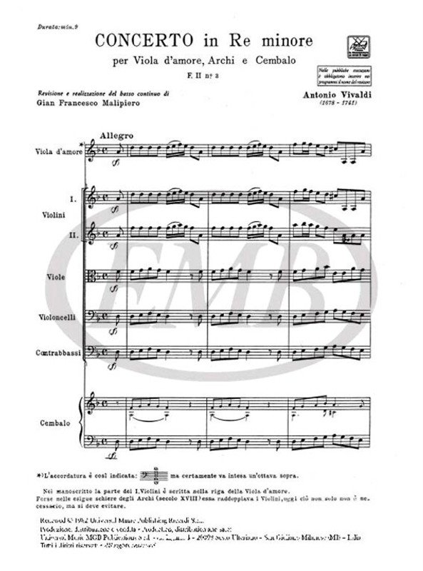 Vivaldi, Antonio: CONC. PER VLA D'AMORE, ARCHI E B.C.: IN RE MIN. RV 770 - F .II/3 / Ricordi / 1984