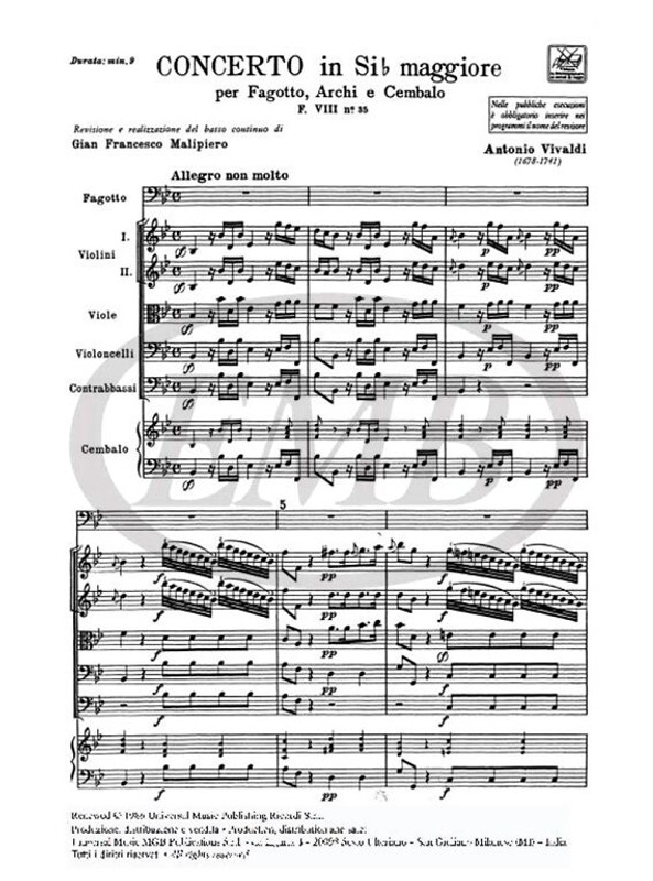 Vivaldi, Antonio: CONC. PER FG., ARCHI E B.C.: IN SI BEM. RV 503 - F.VIII/35 / Ricordi / 1984