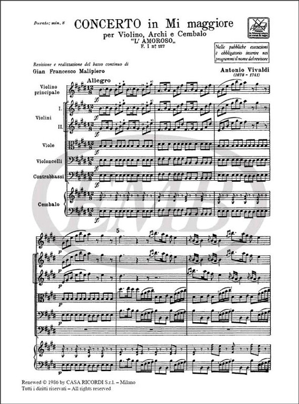 Vivaldi, Antonio: CONC. PER VL., ARCHI E B.C.: IN MI 'L'AMOROSO' RV 271 - F. I/127 / Ricordi / 1984