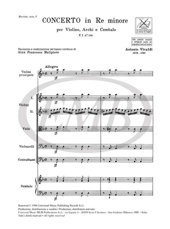 Vivaldi, Antonio: CONC. PER VL., ARCHI E B.C.: IN RE MIN. RV 247 - F.I/126 / Ricordi / 1984
