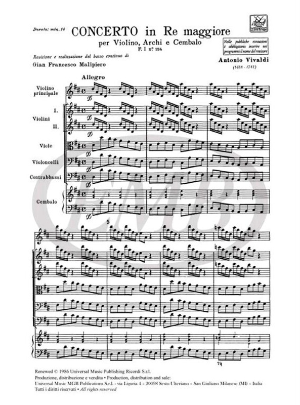 Vivaldi, Antonio: CONC. PER VL., ARCHI E B.C.: IN RE RV 222 - F.I/124 / score / Ricordi