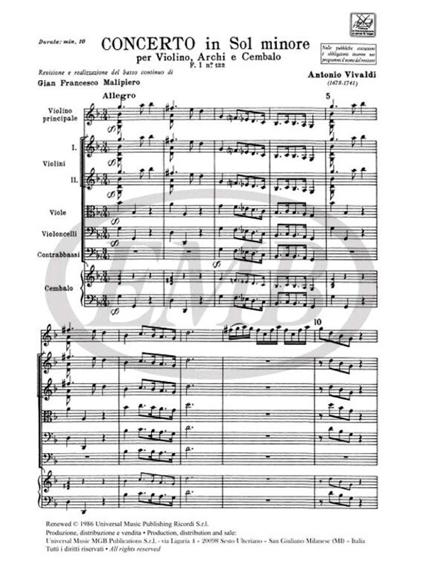 Vivaldi, Antonio: CONC. PER VL., ARCHI E B.C.: IN SOL MIN. RV 321 - F.I/122 / Ricordi / 1984